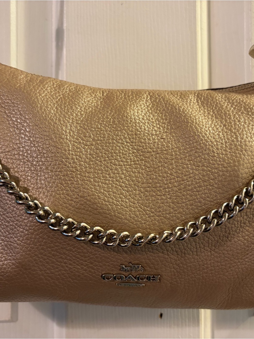COACH Metallic Bronze-Taupe Leather Shoulder Bag with Silver Chain